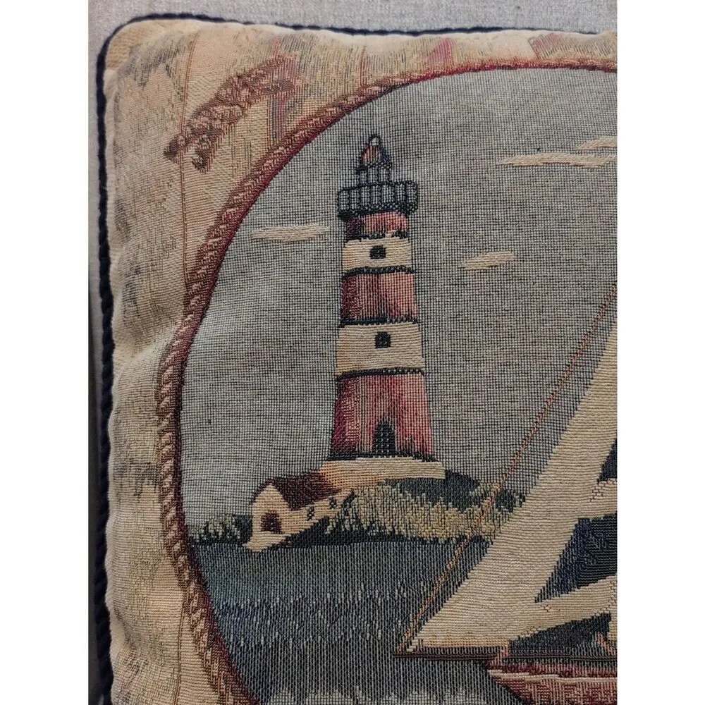Nautical Tapestry Accent Pillow Vintage Lighthouse Sailboat Decor
